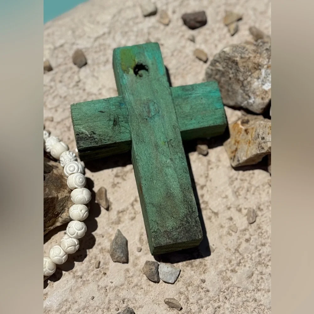 Milagros Silver Metal Charm Spanish Folk Art Painted Wood Cross-Turquoise Blue